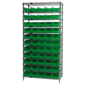 Global Industrial 268969GN Global Industrial™ Chrome Wire Shelving with 55 4"H Plastic Shelf Bins Green, 36x14x74 image.
