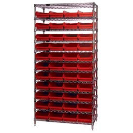 Global Industrial 268974RD Global Industrial™ Chrome Wire Shelving with 44 4"H Plastic Shelf Bins Red, 36x18x74 image.