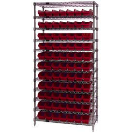 Global Industrial 268976RD Global Industrial™ Chrome Wire Shelving with 77 4"H Plastic Shelf Bins Red, 36x24x74 image.