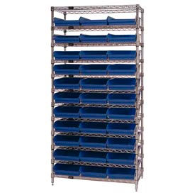 Global Industrial 268979BL Global Industrial™ Chrome Wire Shelving with 33 4"H Plastic Shelf Bins Blue, 36x24x74 image.