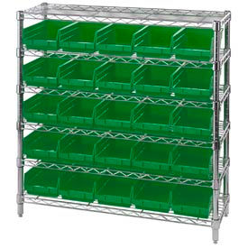 Global Industrial 268980GN Global Industrial™ Chrome Wire Shelving with 25 4"H Plastic Shelf Bins Green, 36x14x36 image.