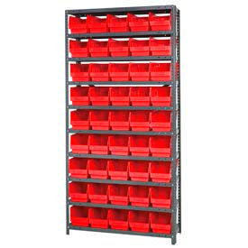 quantum 1275-202 steel shelving with 45 6"h shelf bins red, 36x12x75-10 shelves Quantum 1275-202 Steel Shelving With 45 6"H Shelf Bins Red, 36x12x75-10 Shelves