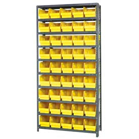 quantum 1275-202 steel shelving with 45 6"h shelf bins yellow, 36x12x75-10 shelves Quantum 1275-202 Steel Shelving With 45 6"H Shelf Bins Yellow, 36x12x75-10 Shelves