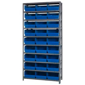 Quantum Storage Systems 1275-209BL Quantum® Steel Shelving w/ 27 6"H Blue Bins, 10 Shelves, 36"W x 12"D x 75"H image.