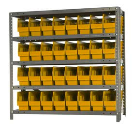 quantum 1239-201 steel shelving with 32 6"h shelf bins yellow, 36x12x39-5 shelves Quantum 1239-201 Steel Shelving With 32 6"H Shelf Bins Yellow, 36x12x39-5 Shelves