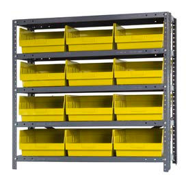 quantum 1239-209 steel shelving with 12 6"h shelf bins yellow, 36x12x39-5 shelves Quantum 1239-209 Steel Shelving With 12 6"H Shelf Bins Yellow, 36x12x39-5 Shelves