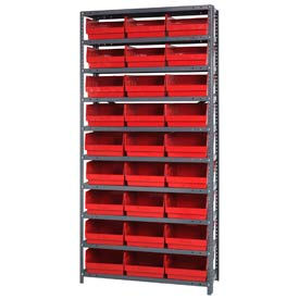 quantum 1875-208 steel shelving with 36 6"h shelf bins red, 36x18x75-10 shelves Quantum 1875-208 Steel Shelving With 36 6"H Shelf Bins Red, 36x18x75-10 Shelves
