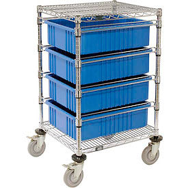 Global Industrial 269027BL Global Industrial™ Chrome Wire Cart With (4) 6"H Blue Grid Containers 21x24x40 image.