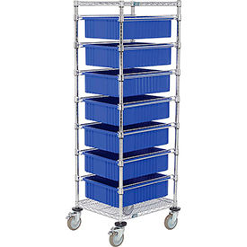 Global Industrial 269028BL Global Industrial™ Chrome Wire Cart With (7) 6"H Blue Grid Containers, 21x24x69 image.