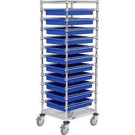 Global Industrial 269029BL Global Industrial™ Chrome Wire Cart With (11) 3"H Blue Grid Containers, 21x24x69 image.