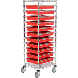 Global Industrial 269029RD Global Industrial™ Chrome Wire Cart With (11) 3"H Red Grid Containers, 21x24x69 image.