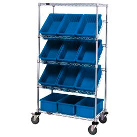 Global Industrial 268999BL Global Industrial™ Easy Access Slant Shelf Chrome Wire Cart 12 3-1/2"H Grid Bins Blue 36x18x63 image.