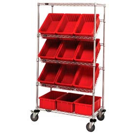 Global Industrial 268999RD Global Industrial™ Easy Access Slant Shelf Wire Cart 12 3-1/2"H Grid Containers Red 36x18x63 image.