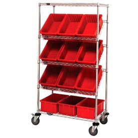Global Industrial 269000RD Global Industrial™ Easy Access Slant Shelf Chrome Wire Cart 12 6"H Grid Containers Red 36x18x63 image.