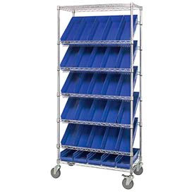 Global Industrial 269003BL Global Industrial™ Easy Access Slant Shelf Chrome Wire Cart, 30 4"H Shelf Bins BL, 36Lx18Wx74H image.