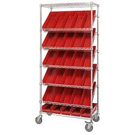 Global Industrial 269003RD Global Industrial™ Easy Access Slant Shelf Chrome Wire Cart, 30 4"H Shelf Bins Red, 36Lx18Wx74H image.