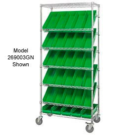 Global Industrial 269004GN Global Industrial™ Easy Access Slant Shelf Chrome Wire Cart 24 4"H Shelf Bins Green 36Lx18Wx74H image.