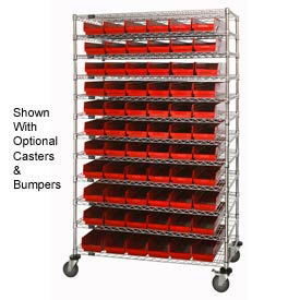 Global Industrial 269039RD Global Industrial™ Chrome Wire Shelving with 66 4"H Plastic Shelf Bins Red, 48x24x74 image.