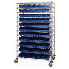 Global Industrial™ Chrome Wire Shelving with 140 4"H Plastic Shelf Bins Blue 24x72x74