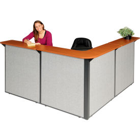 Global Industrial 249009CG Interion® L-Shaped Reception Station, 80"W x 80"D x 44"H, Cherry Counter, Gray Panel image.