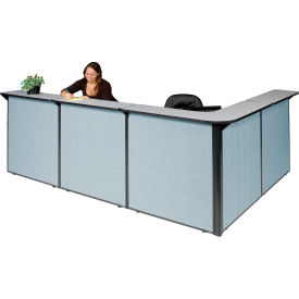 Global Industrial 249011GB Interion® L-Shaped Reception Station, 116"W x 80"D x 44"H, Gray Counter, Blue Panel image.
