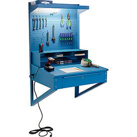 Global Industrial 249510 Global Industrial™ Wall Mount Shop Desk w/ Pegboard & Top Shelf, 34-1/2"W x 30"D, Blue image.