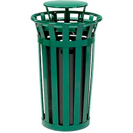 Global Industrial 260803GN Global Industrial™ Outdoor Slatted Steel Trash Can With Rain Bonnet Lid, 24 Gallon, Green image.