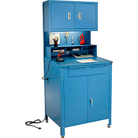 Global Industrial 249692 Global Industrial™ Cabinet Shop Desk w/ Pegboard & Upper Cabinet, 34-1/2"W x 30"D, Blue image.