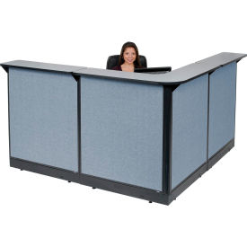 Global Industrial 249009NGB Interion® L-Shaped Reception Station With Raceway, 80"W x 80"D x 46"H, Gray Counter, Blue Panel image.