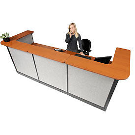 Global Industrial 249010NCG Interion® U-Shaped Reception Station w/Raceway 124"W x 44"D x 46"H Cherry Counter Gray Panel image.