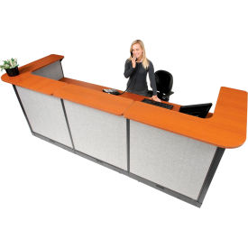 Global Industrial 249010ECG Interion® U-Shaped Electric Reception Station, 124"W x 44"D x 46"H, Cherry Counter Gray Panel image.