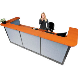 Global Industrial 249010ECB Interion® U-Shaped Electric Reception Station, 124"W x 44"D x 46"H, Cherry Counter, Blue Panel image.