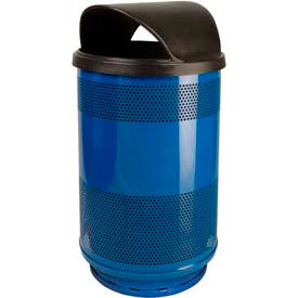 Witt Company SC55-01BS-HT Witt Stadium Series® Perforated Steel Round Trash Can W/Hood Top, 55 Gallon, Blue image.