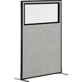 Global Industrial 694675WFGY Interion® Freestanding Office Partition Panel with Partial Window, 36-1/4"W x 60"H, Gray image.