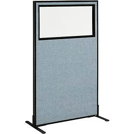 Global Industrial 694675WFBL Interion® Freestanding Office Partition Panel with Partial Window, 36-1/4"W x 60"H, Blue image.