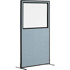 Global Industrial 694679WFBL Interion® Freestanding Office Partition Panel with Partial Window, 36-1/4"W x 72"H, Blue image.