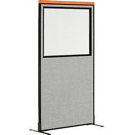 Global Industrial 694687WFGY Interion® Deluxe Freestanding Office Partition Panel w/Partial Window 36-1/4"W x 73-1/2"H Gray image.