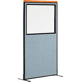Global Industrial 694687WFBL Interion® Deluxe Freestanding Office Partition Panel w/Partial Window 36-1/4"W x 73-1/2"H Blue image.