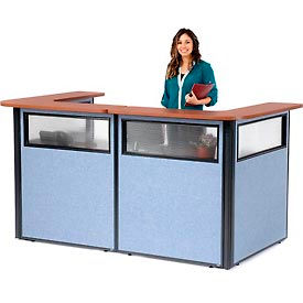 Global Industrial 694902WCB Interion® U-Shaped Reception Station w/Window 88" W x 44"D x 44"H Cherry Counter Blue Panel image.