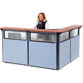 Global Industrial 694908WCB Interion® L-Shaped Reception Station w/Window 80"W x 80"D x 44"H Cherry Counter Blue Panel image.