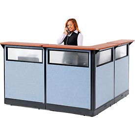 Global Industrial 694912WNCB Interion® L-Shaped Reception Station w/Window & Raceway 80"W x 80"D x 46"H Cherry Counter Blue image.