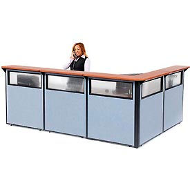 Global Industrial 694920WCB Interion® L-Shaped Reception Station w/Window 116"W x 80"D x 44"H Cherry Counter Blue Panel image.