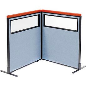 Global Industrial 695013BL Interion® Deluxe Freestanding 2-Panel Corner Divider w/Partial Window 36-1/4"W x 43-1/2"H Blue image.