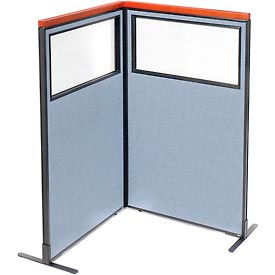 Global Industrial 695014BL Interion® Deluxe Freestanding 2-Panel Corner Divider w/Partial Window 36-1/4"W x 61-1/2"H Blue image.