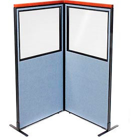 Global Industrial 695015BL Interion® Deluxe Freestanding 2-Panel Corner Divider w/Partial Window 36-1/4"W x 73-1/2"H Blue image.