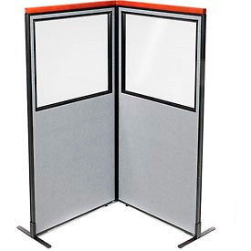 Global Industrial 695015GY Interion® Deluxe Freestanding 2-Panel Corner Divider w/Partial Window 36-1/4"W x 73-1/2"H Gray image.
