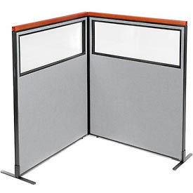 Global Industrial 695017GY Interion® Deluxe Freestanding 2-Panel Corner Divider w/Partial Window 48-1/4"W x 61-1/2"H Gray image.