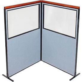 Global Industrial 695018BL Interion® Deluxe Freestanding 2-Panel Corner Divider w/Partial Window 48-1/4"W x 73-1/2"H Blue image.