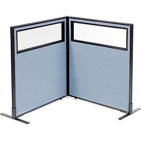 Global Industrial 695021BL Interion® Freestanding 2-Panel Corner Room Divider w/Partial Window 36-1/4"W x 42"H Panels Blue image.
