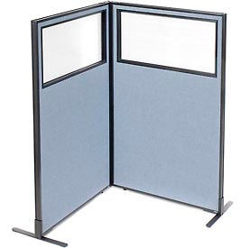 Global Industrial 695022BL Interion® Freestanding 2-Panel Corner Room Divider w/Partial Window 36-1/4"W x 60"H Panels Blue image.